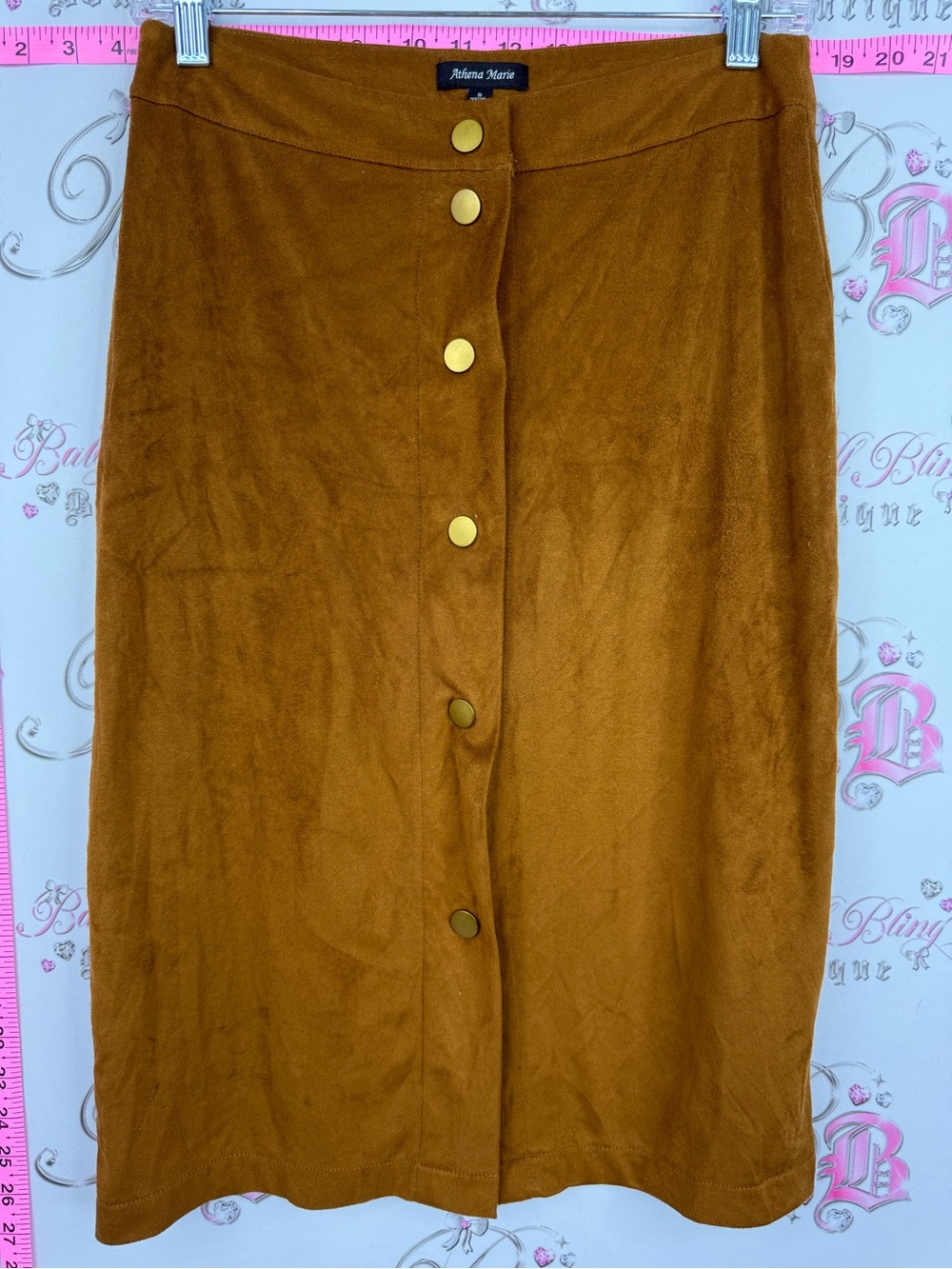 Athena Marie skirt pencil gold Button-Front Faux Suede Midi Skirt — Amber